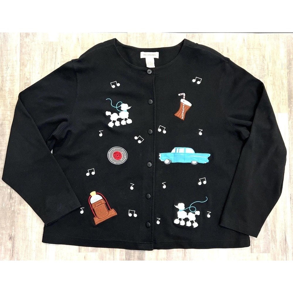 Bechamel Cardigan Sweater Womens Size XL 50s Design Poodle Music Car Sock Hop - Picture 2 of 9